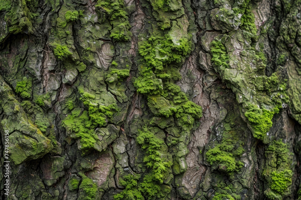 A detailed view of a tree with flourishing moss growth in a lush forest environment, Texture features of a moss-covered tree bark, AI Generated A detailed view of a tree with flourishing moss growth in a lush forest environment, Texture features of a moss-covered tree bark, AI Generated