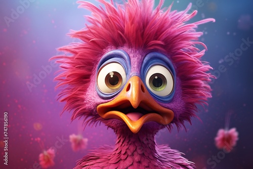a cartoon bird with pink hair