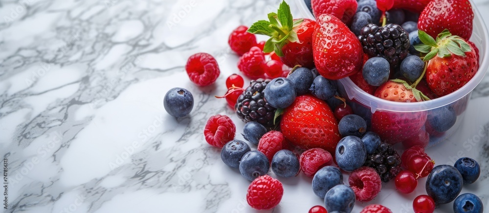 A bucket filled with vibrant berries and raspberries is overflowing, resting on a luxurious marble table. The contrast between the colorful fruits and the elegant marble creates a visually striking A bucket filled with vibrant berries and raspberries is overflowing, resting on a luxurious marble table. The contrast between the colorful fruits and the elegant marble creates a visually striking