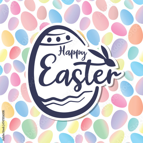 Happy easter text, head rabbit in line egg shape sign on colorful egg easter pattern background vector design photo