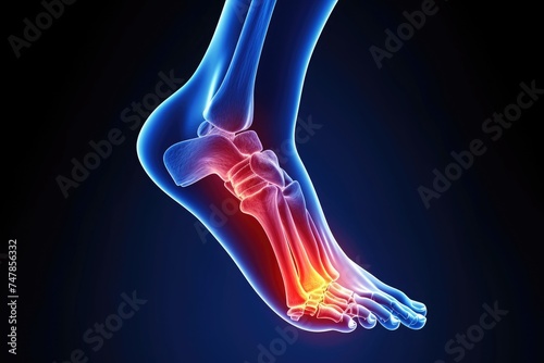 This photo showcases a foot with the bones highlighted in red, providing a detailed view of its skeletal structure, The anatomy of a sprained ankle, AI Generated photo