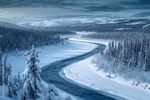 A wintery scene showing a snow-covered landscape with trees lining a road, The chilling beauty of a frozen river winding through a snow covered valley, AI Generated