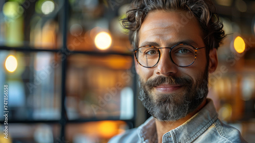 Handsome bearded man with glasses smiling softly in a stylish cafe with ambient lighting