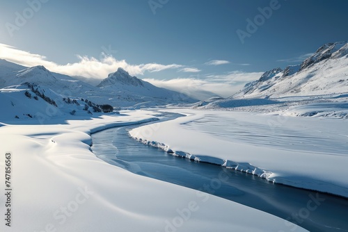 River Flowing Through Snowy Landscape, The chilling beauty of a frozen river winding through a snow covered valley, AI Generated