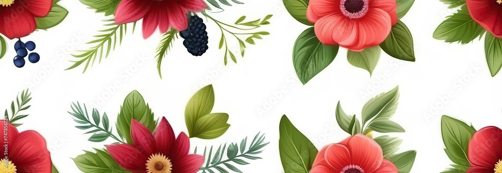 Fototapeta premium Set of floral elements. Romantic flower collection with flowers, twigs, leaves, herbs and berries. design isolated on white background 