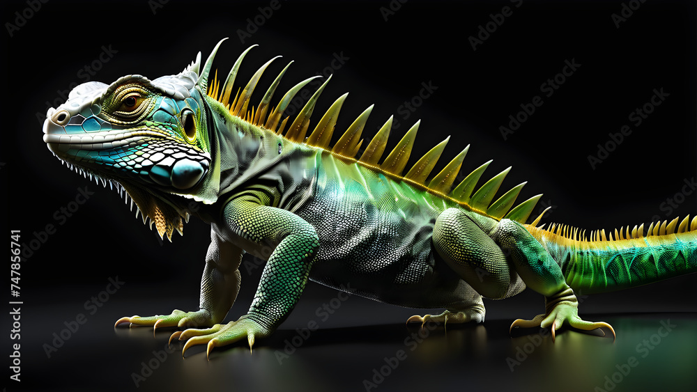 Obraz premium a pet animal iguana on a black background. green iguana. iguana illustration. green iguana on a black background