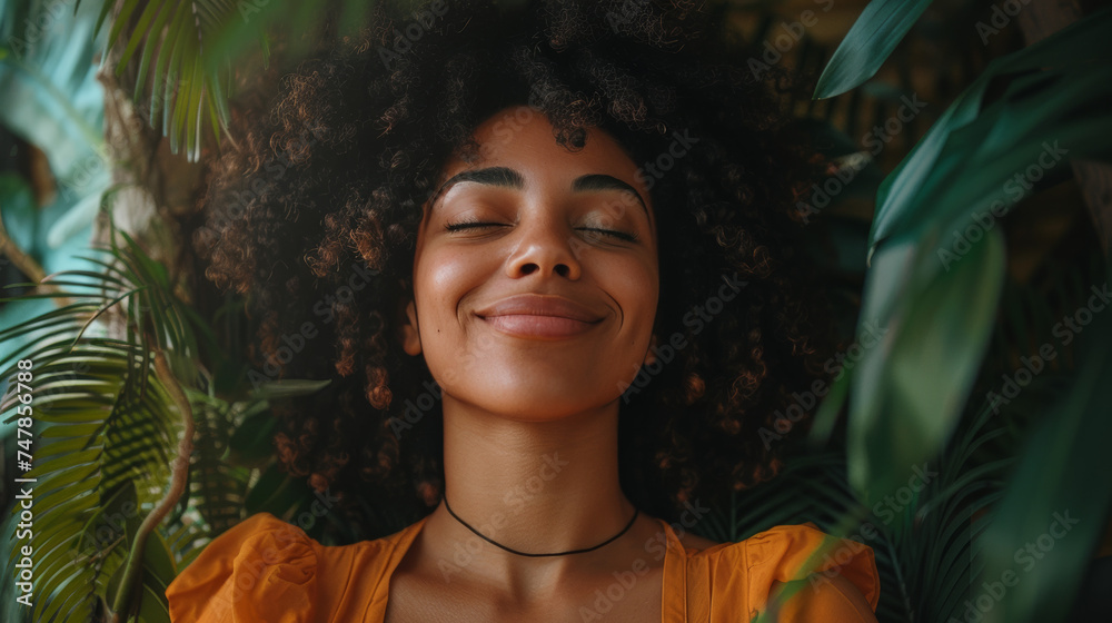 Young, joyful African-descent woman with curly hair smiling amongst lush greenery Young, joyful African-descent woman with curly hair smiling amongst lush greenery