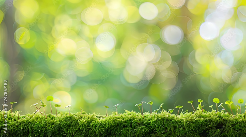 Obraz premium Fluffy green moss against a beautiful blurred natural landscape background in a long panorama, embodying the concept of a cozy autumn mood
