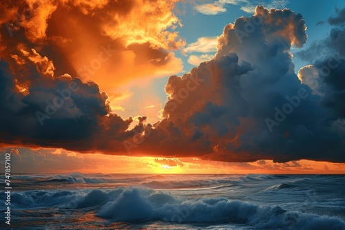 The sun is setting over the ocean, casting a warm glow on the water, while clouds fill the sky, The dramatic clash of sunlight and storm clouds over the ocean, AI Generated
