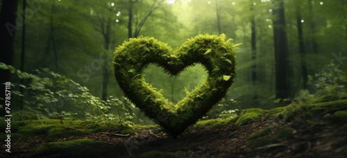 A khaki wooden heart, delicately placed in the calm of the forest, is framed by a softly blurred natural background.