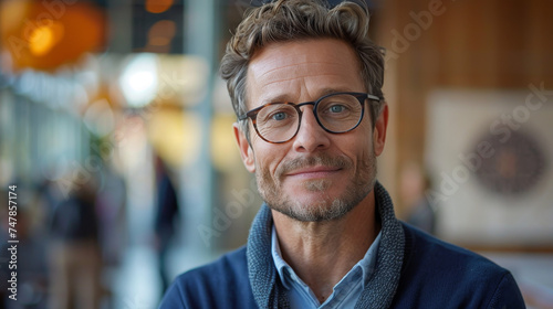 Mature and confident man with glasses and scarf smiling in an urban setting, exuding wisdom