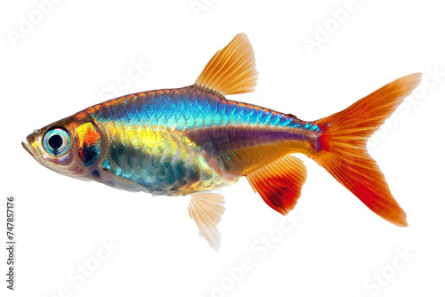 Amongst aquatic flora, a lone neon tetra dazzles observers object on a transparent background.  © Shamim