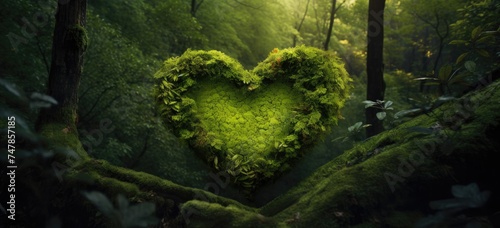 A khaki wooden heart, delicately placed in the calm of the forest, is framed by a softly blurred natural background.