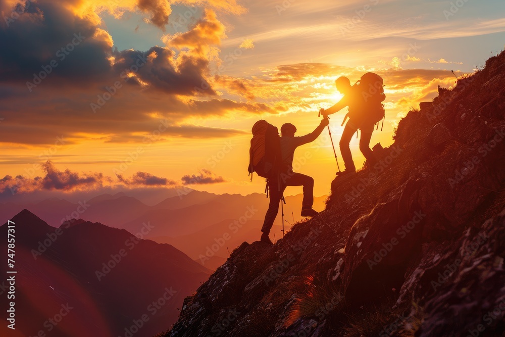 Two individuals making their way up a mountain against the backdrop of a setting sun, The essence of teamwork seen in a hiker aiding a friend during their mountain climb, AI Generated - obrazy, fototapety, plakaty 