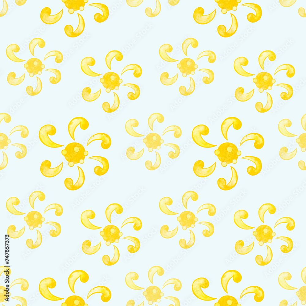 Sun seamless pattern background. Watercolor illustration. Sun with ray sign symbol pattern.