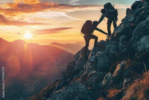 Two climbers ascending a mountain using ropes and harnesses, The essence of teamwork seen in a hiker aiding a friend during their mountain climb, AI Generated