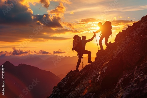 Two individuals making their way up a mountain against the backdrop of a setting sun  The essence of teamwork seen in a hiker aiding a friend during their mountain climb  AI Generated