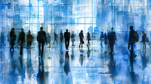 Abstract Business Scene  Silhouetted Group in Corporate Setting  Dynamic Urban Life and Professional Interaction