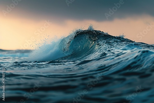 A large, powerful ocean wave crashes onto the shore against a backdrop of dark clouds, The gentle curve of a wave about to break, AI Generated