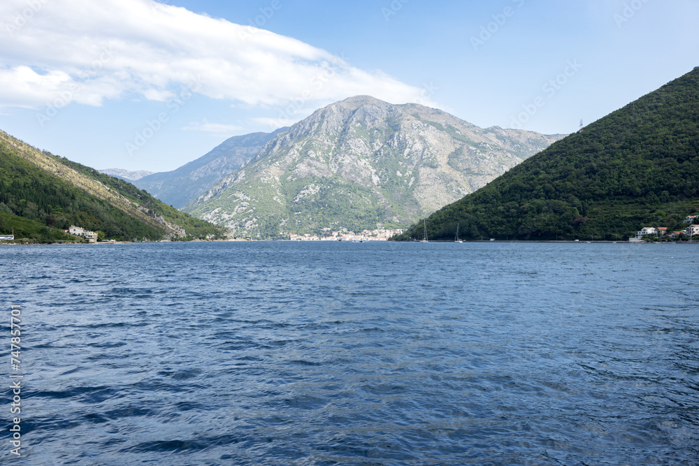 View from the sea to the mountain coastal range. The Adriatic. Montenegro