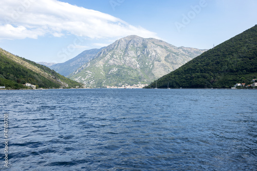 View from the sea to the mountain coastal range. The Adriatic. Montenegro