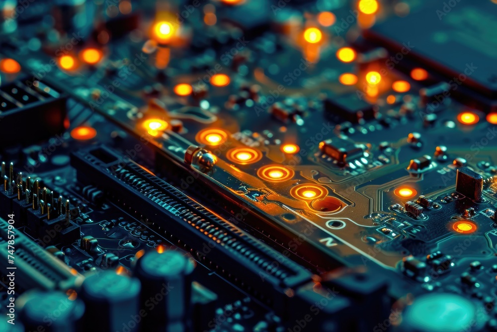 This close-up photograph showcases the intricate circuitry and various electronic components of a computer motherboard, The inside workings of a modem with lights flickering, AI Generated
