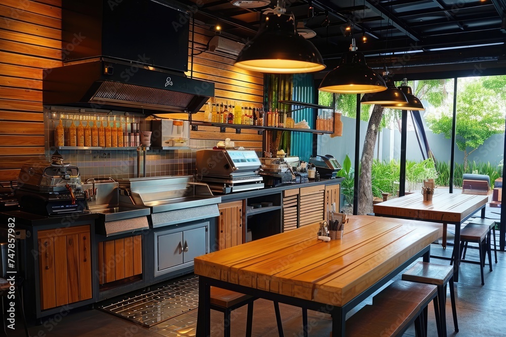 A well-organized kitchen featuring a sturdy wooden table surrounded by matching chairs, The interior of an attractive BBQ restaurant kitchen that's not being used, AI Generated