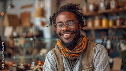 Smiling man with dreadlocks and eyewear in a casual indoor setting, radiating friendliness photo
