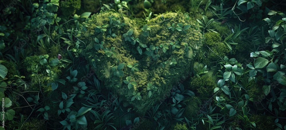 A lush forest jungle forms the backdrop, with a heart-shaped focal point exuding tranquility and nature's embrace.