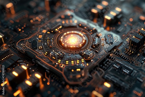 A detailed view of a computer circuit board with numerous microchips and capacitors, The intricacies of a nanocomputer, AI Generated photo