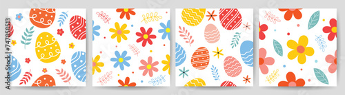 Happy Easter seamless pattern vector. Set of square cover design with easter egg, flower, foliage. Spring season repeated in fabric pattern for prints, wallpaper, cover, packaging, kids, ads.