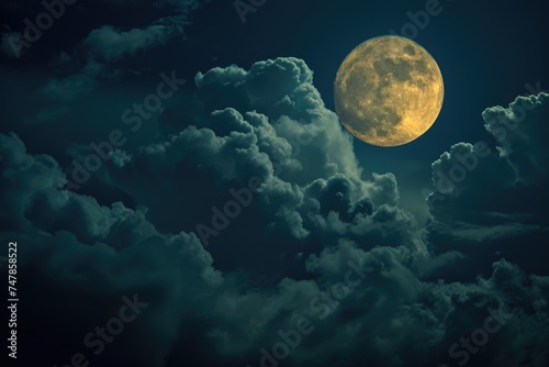 A full moon brightly shines through a sky dotted with grey clouds, The moon's glow piercing the dense cover of storm clouds, AI Generated