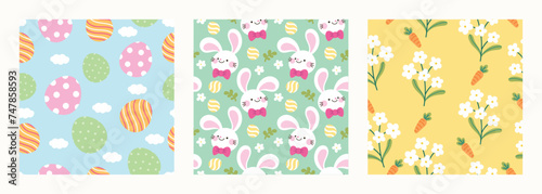 Happy Easter seamless pattern vector. Set of square cover design with easter egg, flower, rabbit, foliage. Spring season repeated in fabric pattern for prints, wallpaper, cover, packaging, kids, ads.