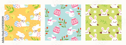 Happy Easter seamless pattern vector. Set of square cover design with easter egg, flower, rabbit, foliage. Spring season repeated in fabric pattern for prints, wallpaper, cover, packaging, kids, ads.