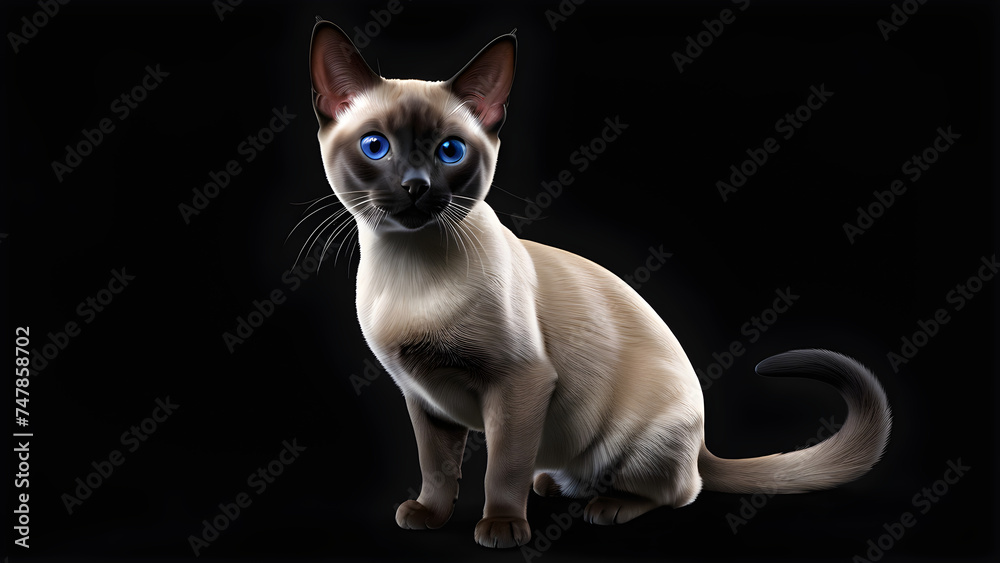 a pet animal tonkinese cat.full view on black background cat illustration. black ad white face cat. cute pet cat