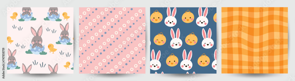 Happy Easter seamless pattern vector. Set of square cover design with easter egg, rabbit, chick, stripes. Spring season repeated in fabric pattern for prints, wallpaper, cover, packaging, kids, ads. Happy Easter seamless pattern vector. Set of square cover design with easter egg, rabbit, chick, stripes. Spring season repeated in fabric pattern for prints, wallpaper, cover, packaging, kids, ads.