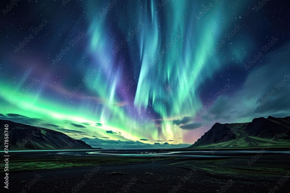 The Aurora Borealis Glowing Above Snow-Capped Mountains, The Northern Lights dancing over a barren tundra, AI Generated