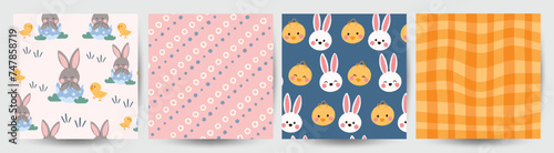 Happy Easter seamless pattern vector. Set of square cover design with easter egg, rabbit, chick, stripes. Spring season repeated in fabric pattern for prints, wallpaper, cover, packaging, kids, ads.