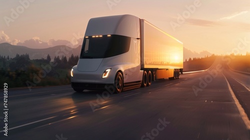 A white semi truck is seen driving down a highway with other vehicles in the background