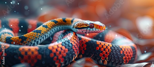 A close-up view of a striking Eastern Coral Snake, Micrurus fulvius, showcasing its vibrant coral hues as it lies on a bed of leaves in its natural habitat. The snakes scales glisten in the light photo
