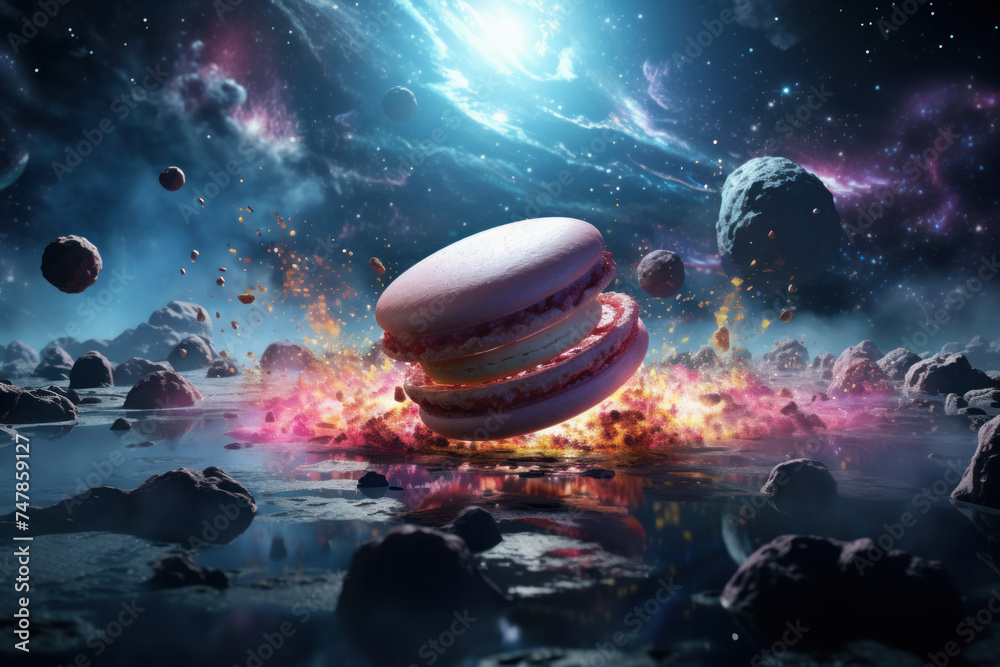 3D animation Render a surreal scene featuring a floating macaron in a cosmic galaxy background 3D animation Render a surreal scene featuring a floating macaron in a cosmic galaxy background