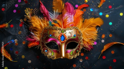 A carnival mask adorned with vibrant feathers, set against a stark black backdrop