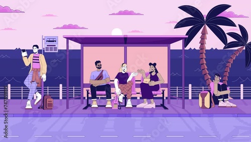 Seaside bus stop crowded line cartoon animation. Commuter public transportation. People waiting for bus 4K video motion graphic. Lo fi vibes 2D linear animated characters on waterscape background photo