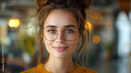 A portrait of a young woman with glasses, exuding intelligence and a friendly demeanor in an indoor setting