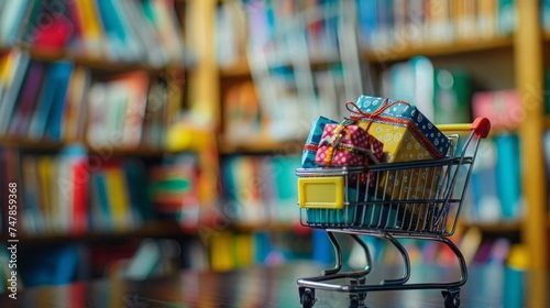 A shopping cart overflowing with presents stands in front of a bookshelf filled with books, showcasing a festive and gift-filled scene