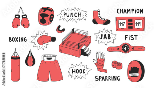 Boxing doodle elements set. Collection of sports equipment and text. Isolated hand drawn outline icons with red color and lettering. Competition strength championship signs and symbols