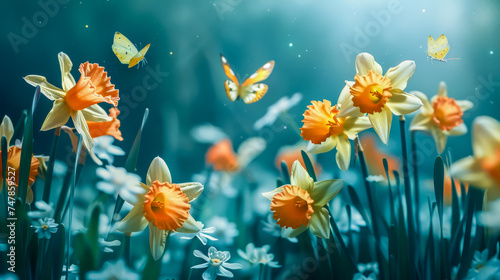 Ethereal image capturing butterflies fluttering around vibrant daffodils under a gentle spring sunlight filter.