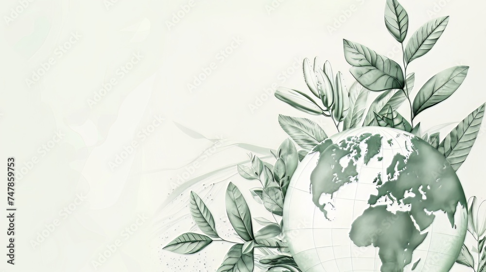 Invest in our planet. Background for an ecology concept. Design featuring a globe map drawing and leaves isolated on a white background. Invest in our planet. Background for an ecology concept. Design featuring a globe map drawing and leaves isolated on a white background.