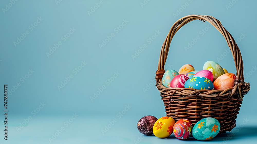 A wicker basket with easter eggs on the blue background with a copy space