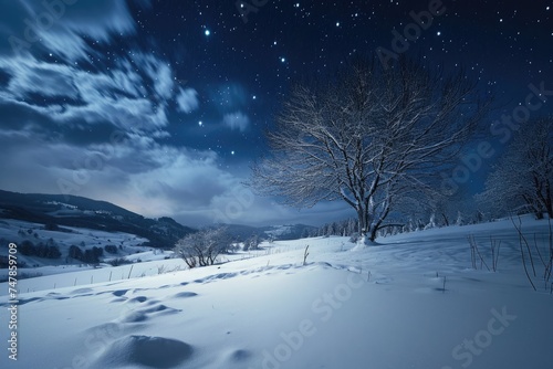 A winter landscape featuring a snow-covered field surrounded by trees and a sky filled with stars, The soft illumination of a snow-covered landscape under a starry winter night, AI Generated © Iftikhar alam
